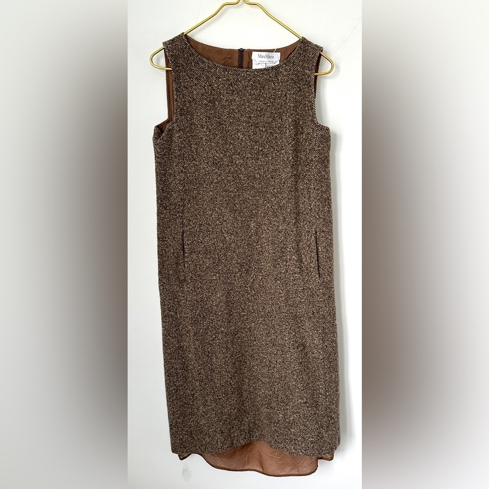 MaxMara Italy Brown Herringbone Wool Angora Cashmere Sleeveless Dress Small FLAW